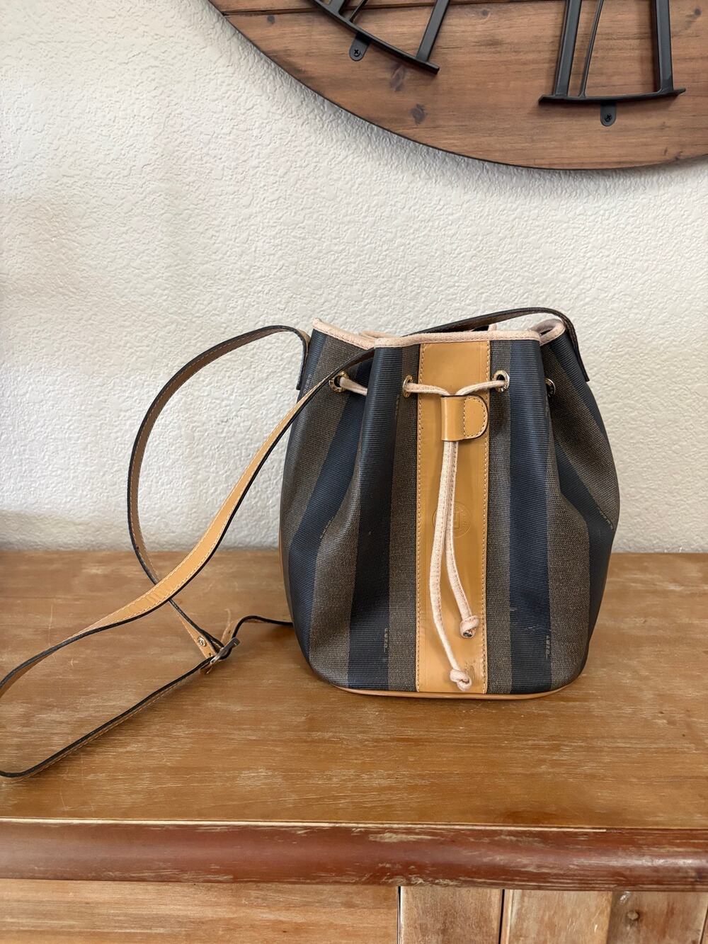 Fendi Pequin Bucket Bag Brown Stripes Tan Leather Trim Vintage